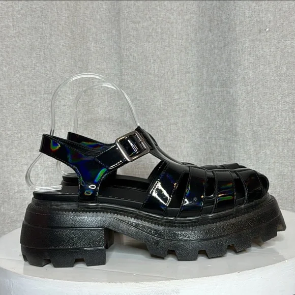 KATY PERRY THE GELI COMBAT BLACK HOLOGRAPHIC FISHERMAN PLATFORM SANDALS **NIB** - Picture 7 of 15